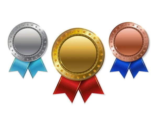 Set Realistic Hampion Gold Silver Bronze Awards — Stock Vector