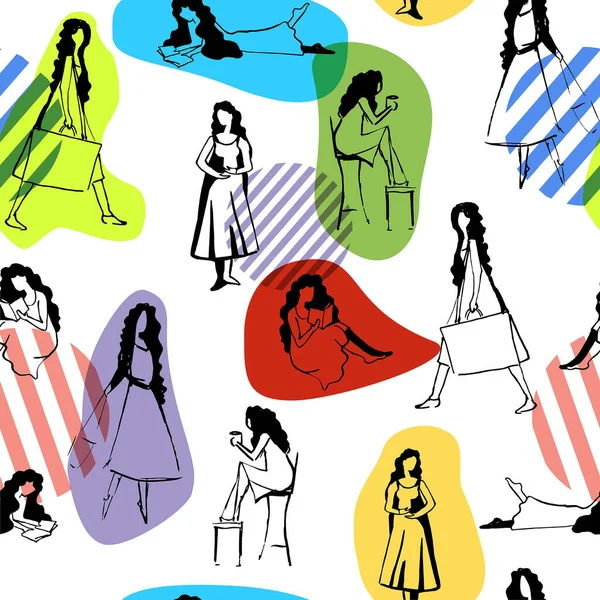 Outline Tender Girl Beautiful Hair Long Dress Different Movements Light — Stock Vector