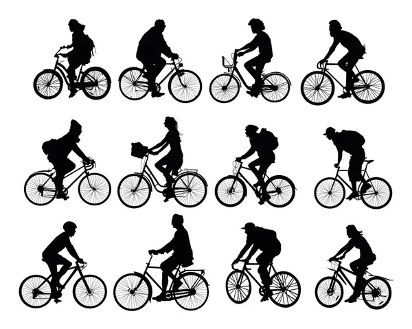 Siluetas Ciclistas Mujeres Hombres Diferentes Bicicletas — Vector de stock
