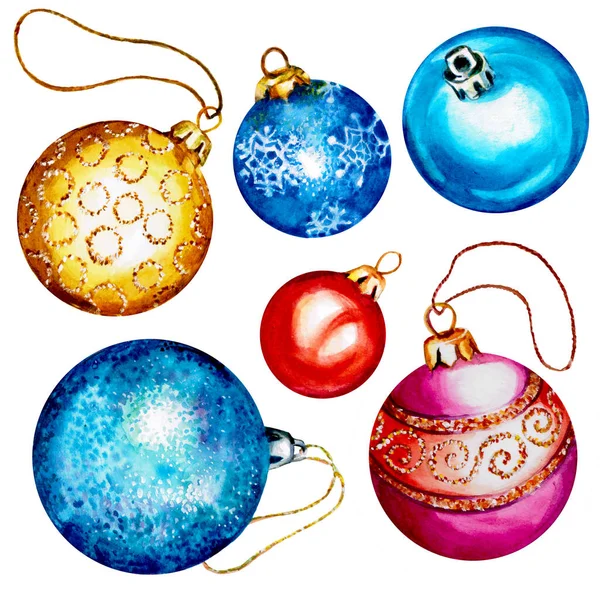 水彩画的圣诞球被白色的背景隔开了 假日设计元素 手绘水彩画 — 图库照片