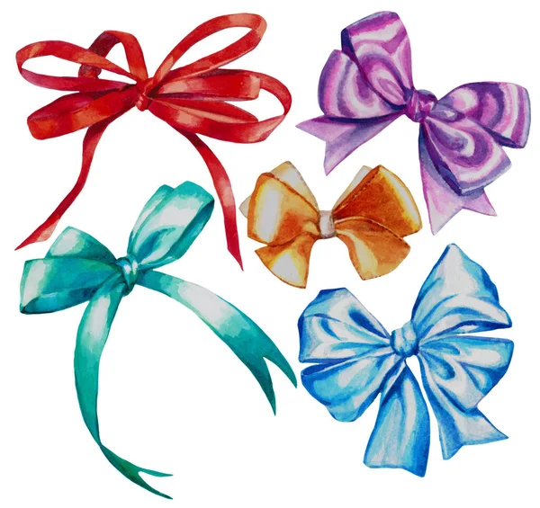Satin Ribbon Bows Watercolor Illustration Colored Bows White Background — Stock Photo, Image