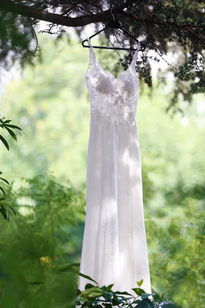 白いウェディングドレスが木にかかっています — ストック写真