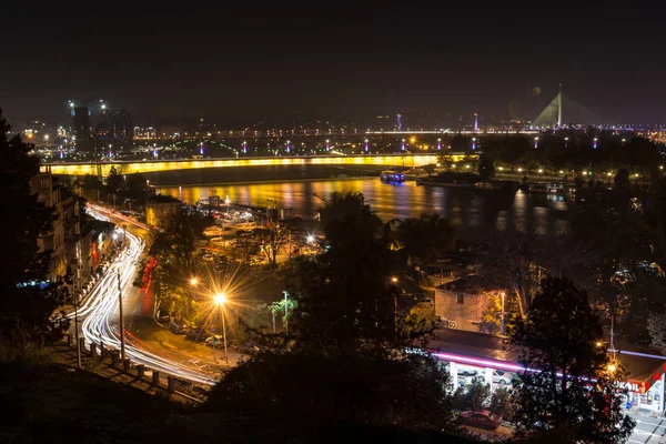 Uitzicht Vanaf Kalemegdan Naar Belgrado Bruggen Ada — Stockfoto