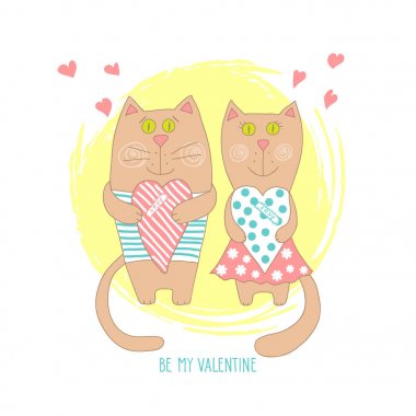 Şirin kedi kaç. Sevgililer günü kartı ile bir kalp tutan karikatür kedi.