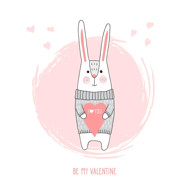 Cute bunny. Valentines Day card with cartoon rabbit holding a heart. — Stock Vector