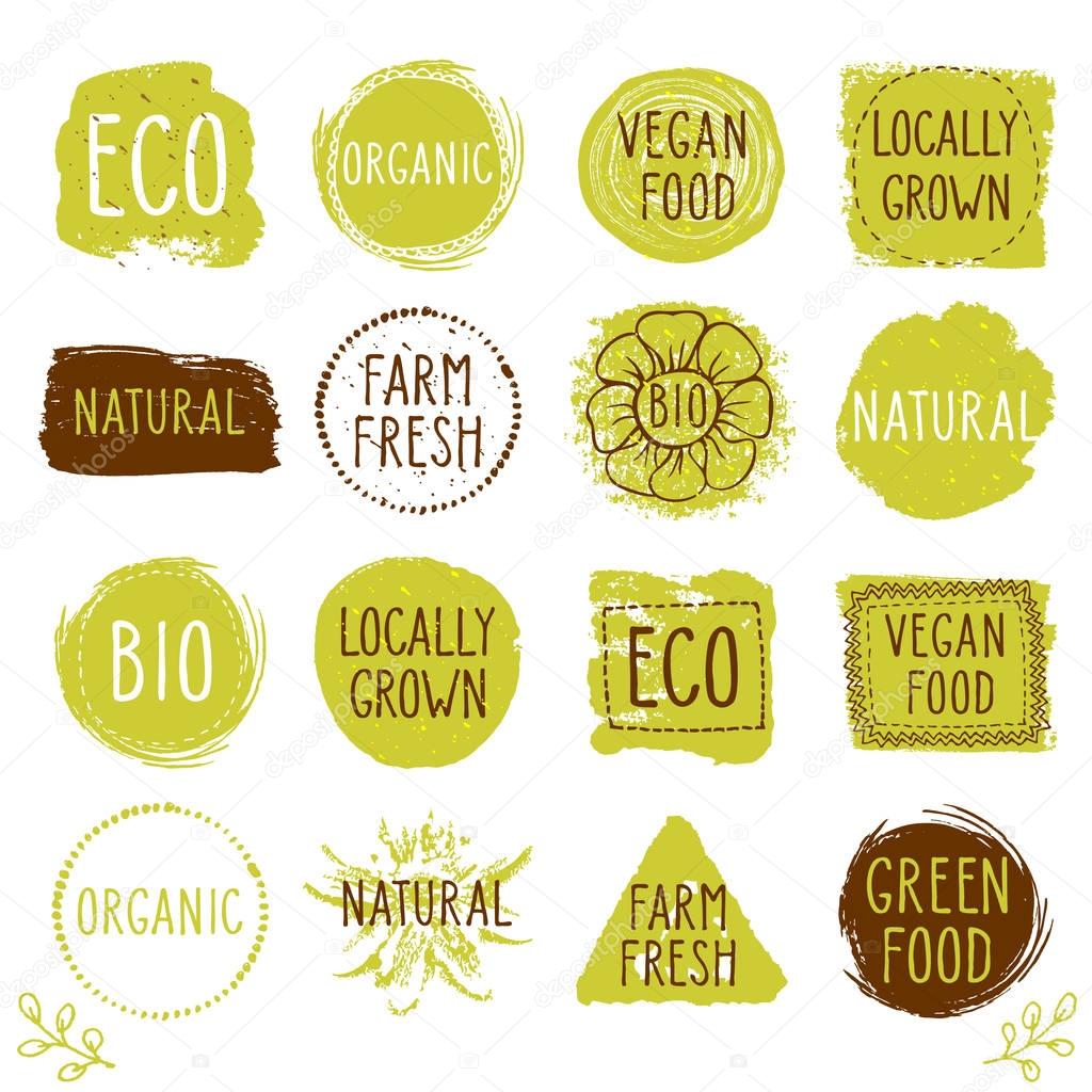 Labels with vegan and bio products designs. Eco stamps, organic 