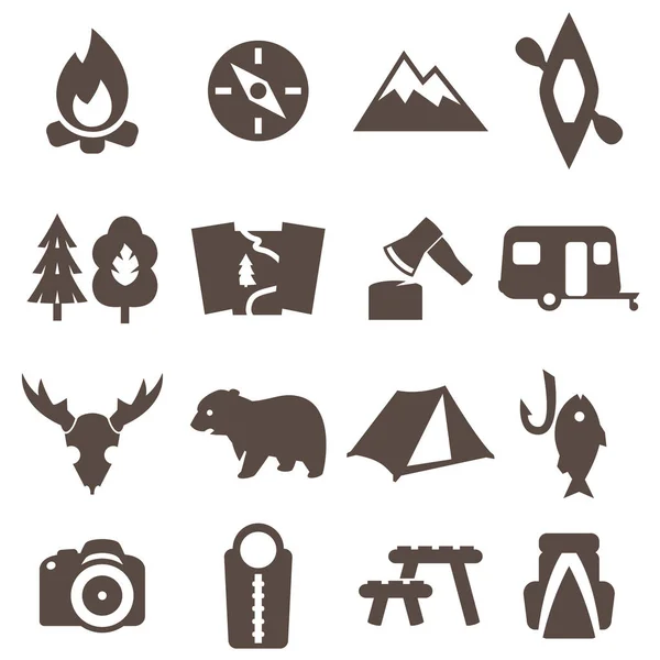 Camping pictogrammen ingesteld, trekking van teken. — Stockvector