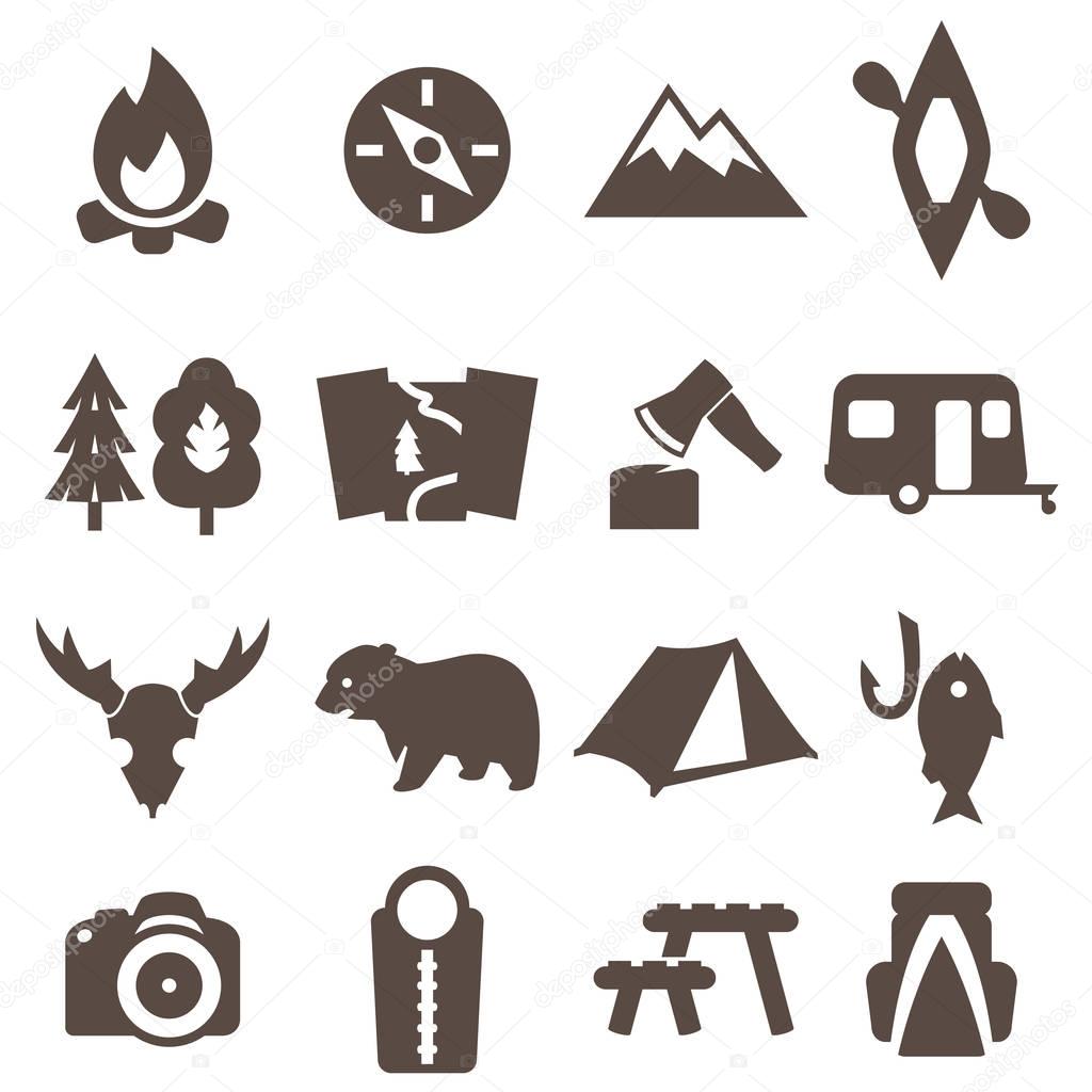 Camping icons set, trekking sign. 