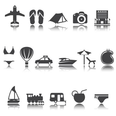 Seyahat etmek simge seti, siluet, gölge yansıması. vektör işareti. 