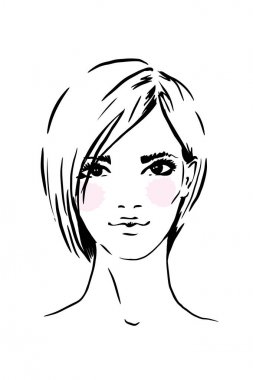 Yüz kadın kroki, saç kesimi bob. Moda portre.