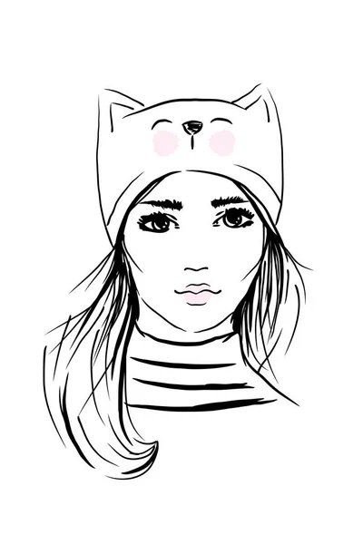 Face woman sketch, long hair and cat hat. Fashion portrait. — Stock Photo, Image