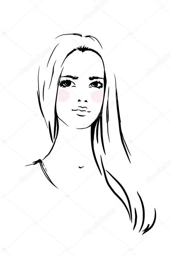Face woman sketch, long hair. Fashion portrait.