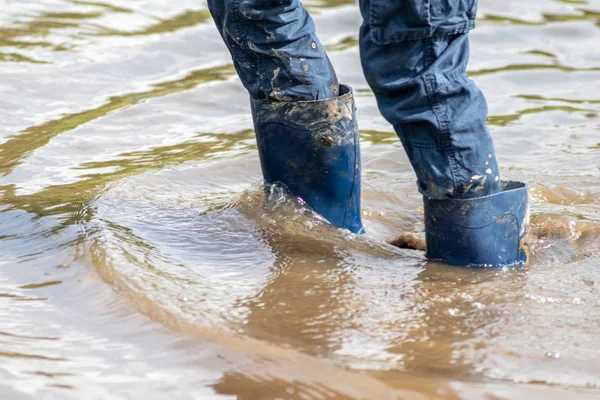 Young Boy Short Blue Trowsers Wading Wet Socks Wet Boots — Stock Photo, Image