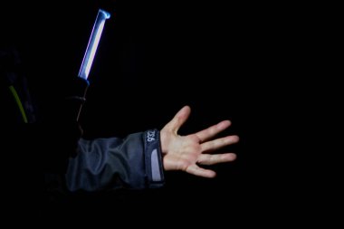 Yağmurlu bir gecede tek bir el feneriyle karanlık bir ormanda yürür elini ve karanlık ormanı aydınlatır ve ıslak kahverengi yaprakların arasındaki yolu görür ve evinin yolunu bulur.