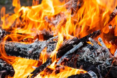 Shiny burning fire in the dark shows the romantic side of a campfire or bonfire, fire safety and the need of a fire insurance as well as survival adventures outdoor with the children and the family