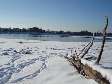 Güneşli kış gününde karlı nehir kıyısında