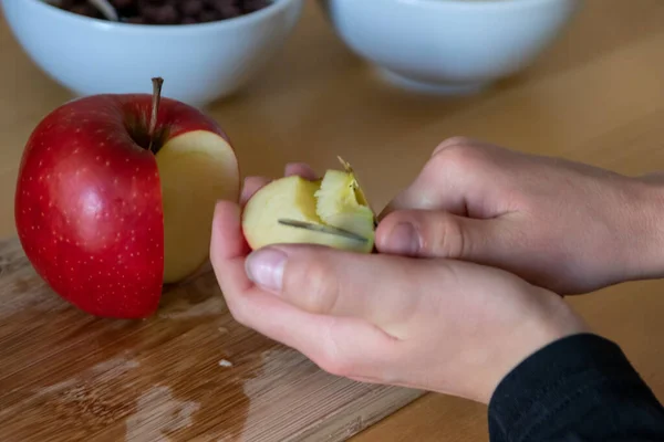 European Child Hands Cutting Fruit Red Apple Banana Sharp Knife — Stock Photo, Image