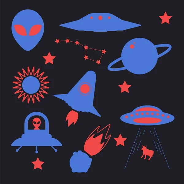 星のエイリアンUFO宇宙船惑星とパッチステッカーとカラフルなセットのアイコン。現代ベクトルスタイルマスコットロゴトレンディーなプリント上の子供服tシャツスウェットポスター. — ストックベクタ