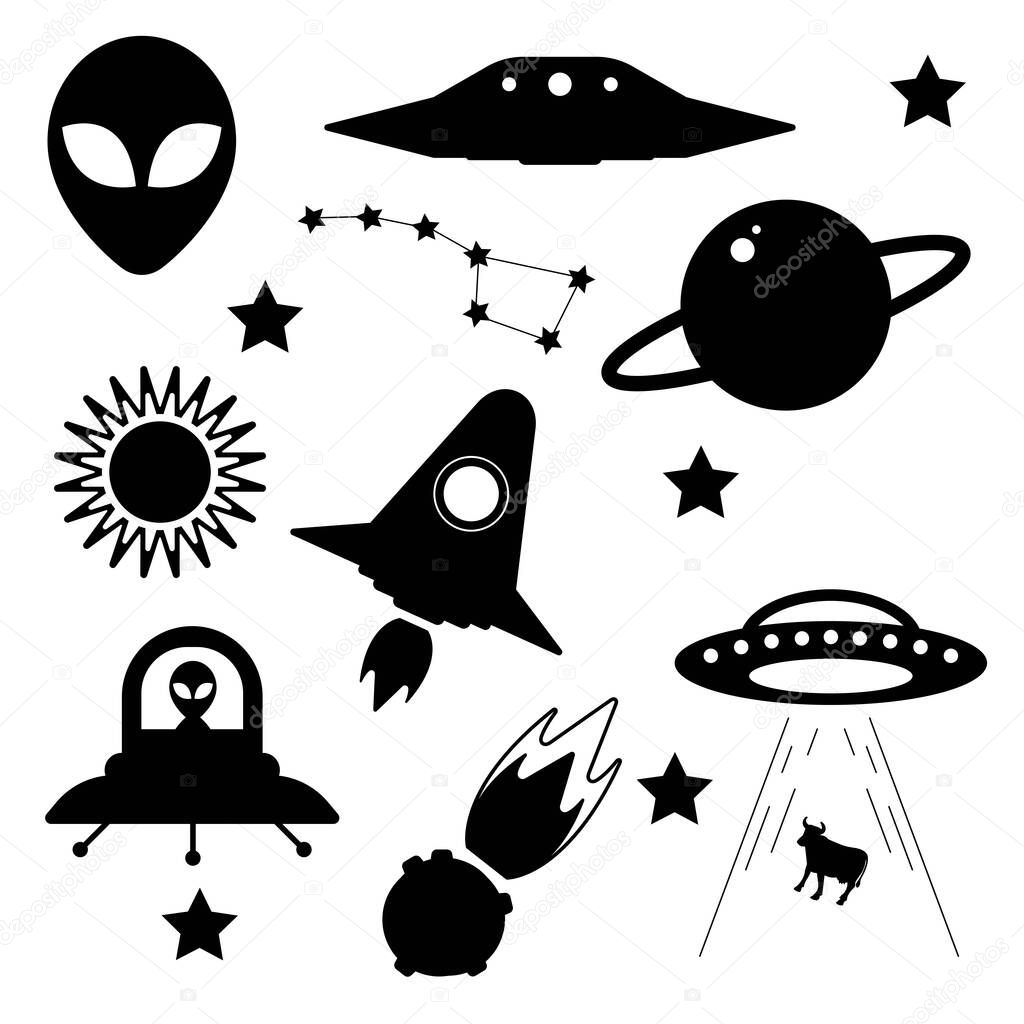 Space UFO and aliens icons set. set icons with patches stickers with stars alien UFO spaceships planets.