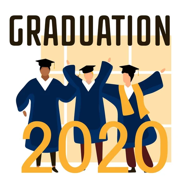 Ευτυχισμένοι απόφοιτοι που φοράνε ακαδημαϊκές ρόμπες πετάνε καπέλα αποφοίτησης στον αέρα. Αγόρια και κορίτσια γιορτάζουν την αποφοίτηση του 2020. Επίπεδη απεικόνιση διανύσματος κινουμένων σχεδίων. — Διανυσματικό Αρχείο