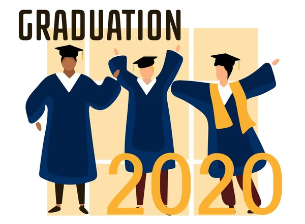 Ευτυχισμένοι Απόφοιτοι Που Φοράνε Ακαδημαϊκές Ρόμπες Πετάνε Καπέλα Αποφοίτησης Στον — Διανυσματικό Αρχείο