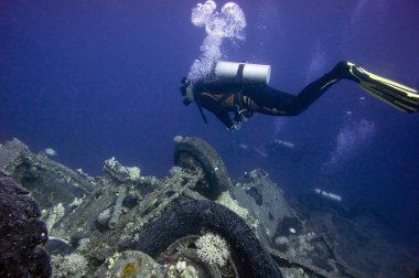 Yer Mısır, Kızıl Deniz, Sharm El Sheikh, dalış alanı Kahraba. Arap-İsrail savaşından motorlu takozlar.