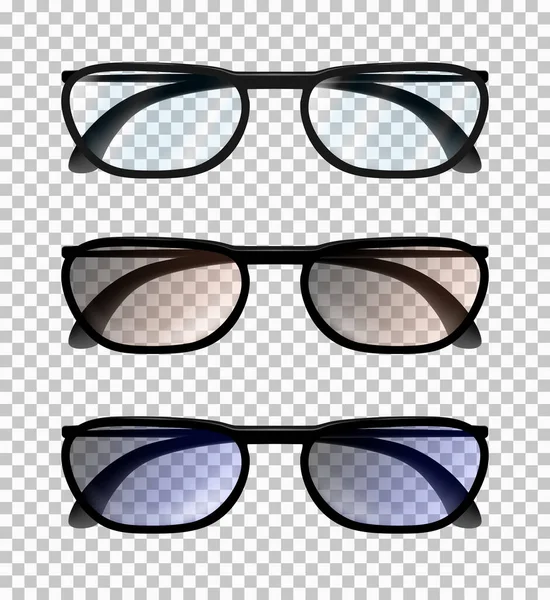 Tres gafas de hombre o mujer realistas clásicas aisladas en el fondo transparente. Vista frontal con arcos. Ilustración vectorial . — Vector de stock