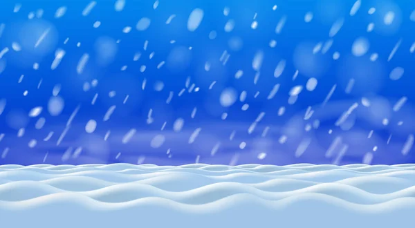 Witte en blauwe sneeuw drijft op de grond en vliegende sneeuwvlokken in de lucht. Mooie vector 3d nieuwjaar winter illustratie. — Stockvector