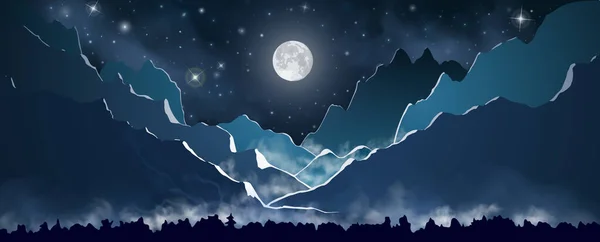 Pleine lune sur le ciel nocturne avec des étoiles au-dessus des montagnes bleues. La forêt au premier plan avec des nuages de fumée au-dessus. Illustration vectorielle . — Image vectorielle