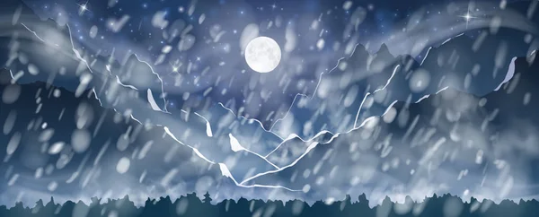 Fuertes nevadas con fuerte viento en las montañas por la noche. La luna brilla a través de los copos de nieve. Ilustración vectorial . — Archivo Imágenes Vectoriales