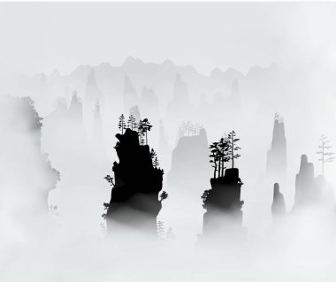 Dağlar kalın sis bulutlarıyla kaplı. Kayalıklardaki dağ çamı ormanı. Vektör kare silüeti çizimi