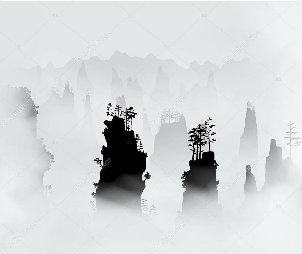 Mountains covered with clouds of thick fog. Mountain pine forest on the rocks. Vector square silhouette illustration