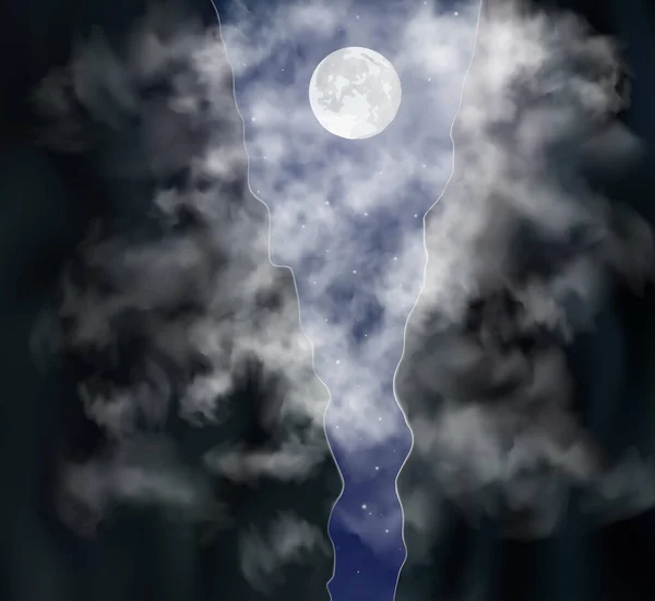 Månen skiner genom röken mellan två berg på natten. Vektor realistisk illustration. — Stock vektor