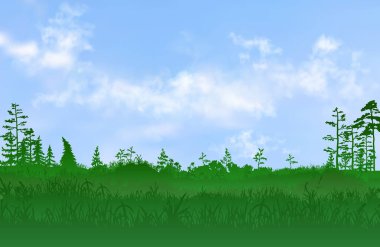 Üzerinde çimen ve birkaç ağaç olan düz bir düzlük ve mavi gökyüzünde gerçekçi bulutlar. Tasarımlarınız, afişleriniz, arkaplanlarınız ve benzerleriniz için vektör yeşil manzara çizimi