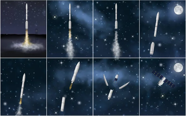 Realistic rocket fly set. 8 vector illustrations of the coherent stages of the carrier rocket flight- earth start, separation, realising of vehicle payload, successfully placing into stable orbit. — Stock Vector