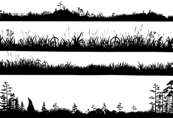 Realistic black and white vector set of silhouettes of the ground with grass, flowers, spikelets, small trees on it. Hand drawn isolated illustrations for work, design, banners, landscapes.