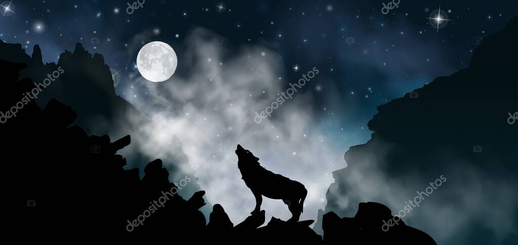 Silhouette of the wolf howling at the moon at night in front of the mountains inside the mist clouds. Vector illustration of the rock landscape.
