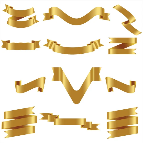 GOLD Ribbon Set In Isolated For Celebration And Winner Award Banner White Background, Vector Illustration