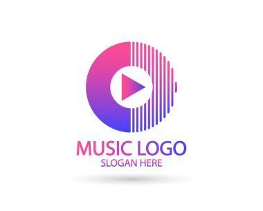 Müzik logosu şablonu. Müzik notası ve çalma ikonu vektör tasarımlı vinil kayıt. Döndürülebilir illüstrasyon