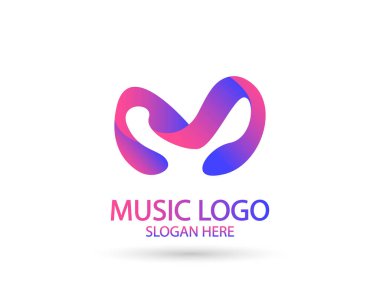 Müzik logosu şablonu. M harfi vektör tasarımı. Döndürülebilir illüstrasyon