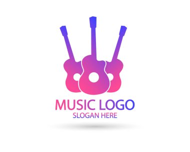 Müzik logosu şablonu. Gitar silueti vektör tasarımı. Döndürülebilir illüstrasyon