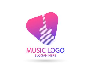 Müzik logosu şablonu. Gitar silueti vektör tasarımı. Döndürülebilir illüstrasyon