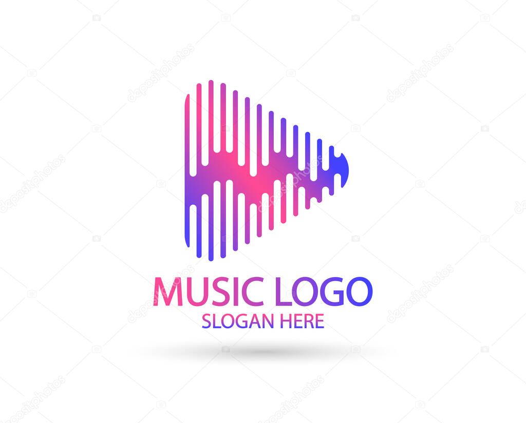 Music logo template. Musical note and Play icon vector design. Turntable illustration