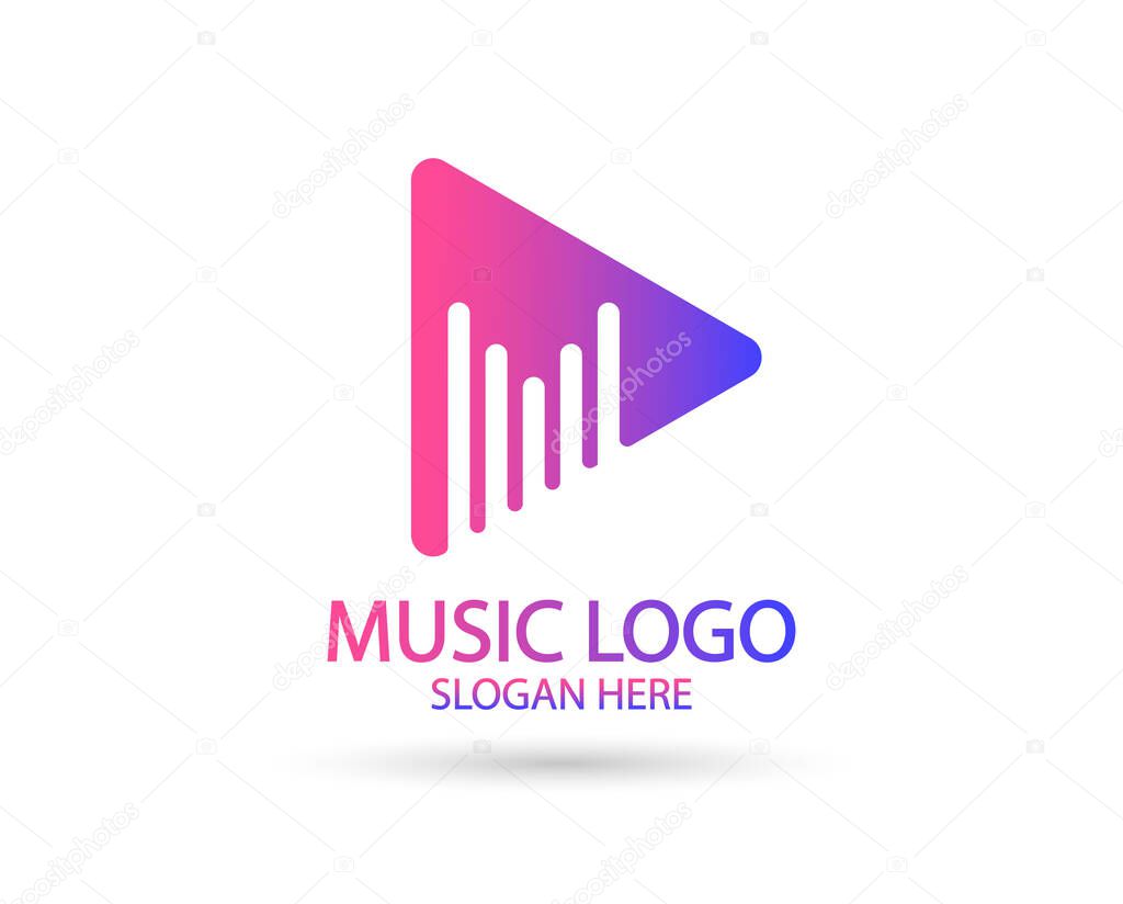 Music logo template. Musical note and vinyl record with play icon vector design. Turntable illustration