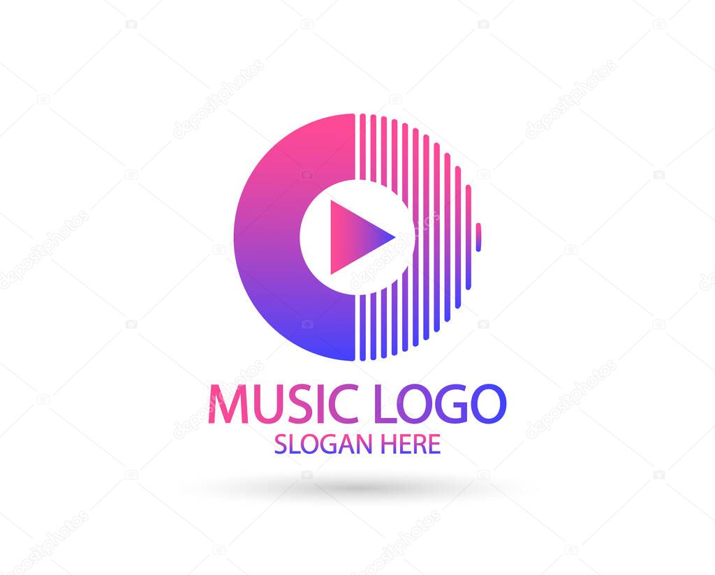Music logo template. Musical note and vinyl record with play icon vector design. Turntable illustration