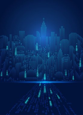 soyut teknoloji arkaplanı; dijital manzara; matris biçiminde dijital yapı; mavi ışık ikilisi şehir