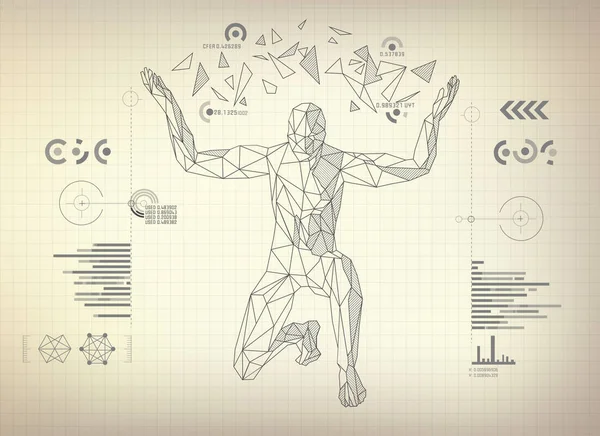 Abstrak Manusia Wireframe Berlutut Konsep Cyborg Atau Robot Teknologi - Stok Vektor