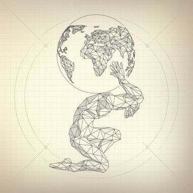 wirefram çokgen adam dünyayı fütüristik retro tarzında taşıyor, atlas 'ın modern soyut tarzda vektörü