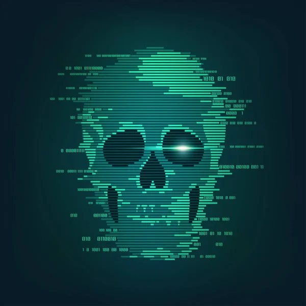 サイバー犯罪 インターネット海賊行為 ハッキングの概念 バイナリコードと組み合わせた頭蓋骨の形状 — ストックベクタ