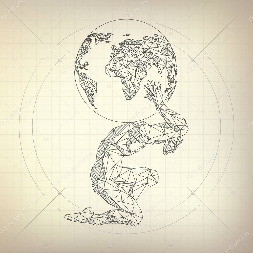 wireframe polygon man carrying globe in futuristic retro style, vector of atlas in modern abstract style